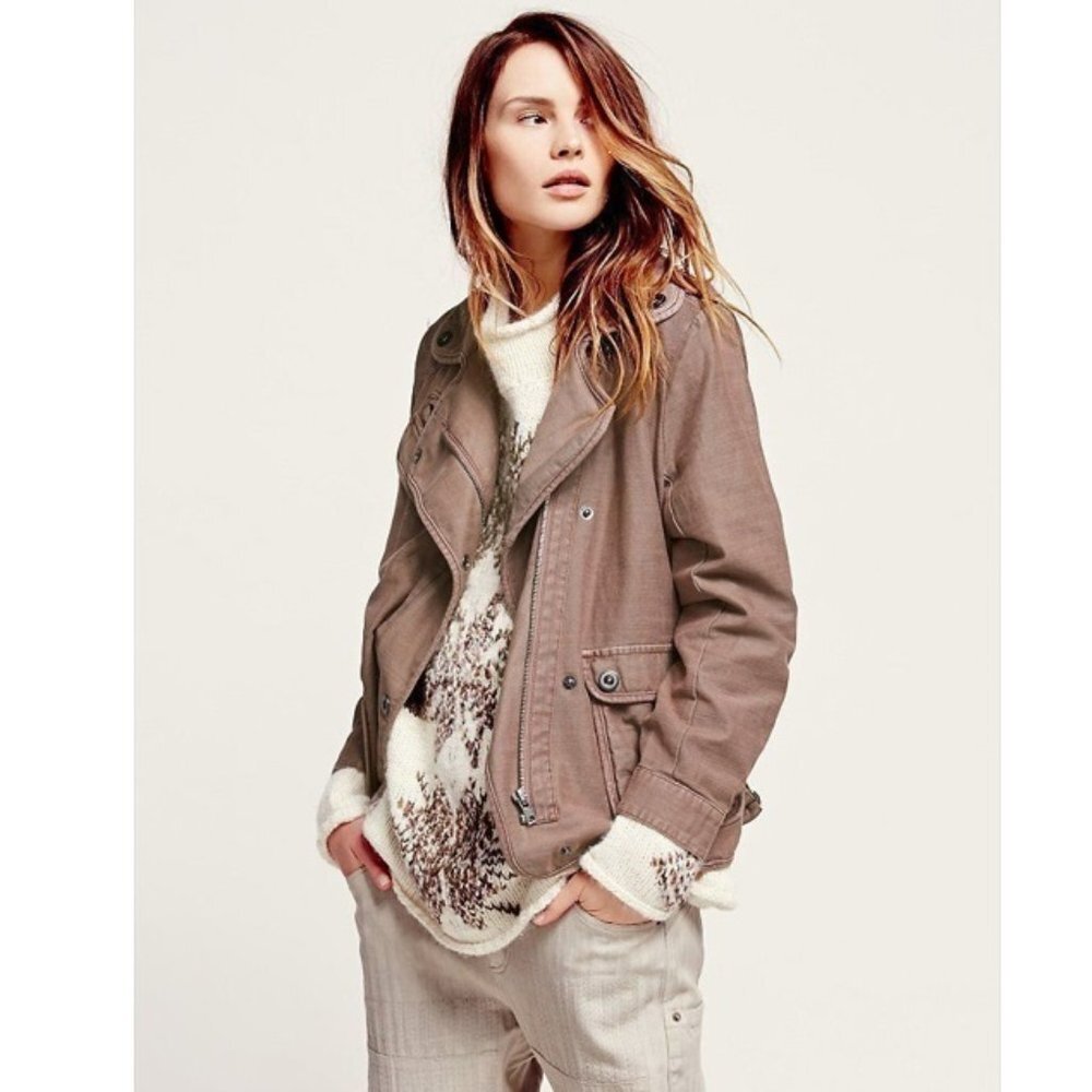 Free People Slouchy‎ Twill Boho Utility Moto Jacket Brown XS